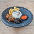 Oil Rice with Fried eggs , salted beef , turkey tail & sardine