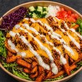 Loaded Sweet Potato Fries Pulled chicken ketjap Bowl ( halal )