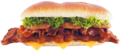 X-tra long USA, een schiacciata broodje met porc rib burgers, verse sla, BBQ saus, cheddar cheese, crispy bacon en gefrituurde uienringen.