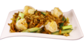Nasi- of bami goreng met grote garnalen en groenten