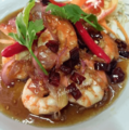 37) Kung Sause Makham, Gebakken scampi’s met tamarinde saus en witte rijst